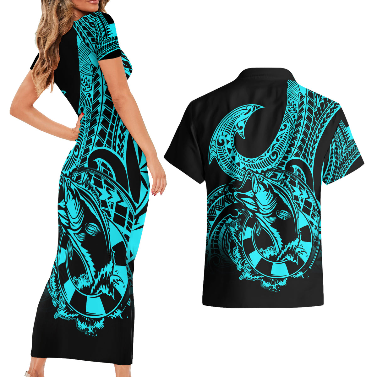 Polynesia Couples Matching Short Sleeve Bodycon Dress and Hawaiian Shirt Fish Hook Tattoo Go Fishing Polynesian Pattern Turquosie LT14 - Polynesian Pride