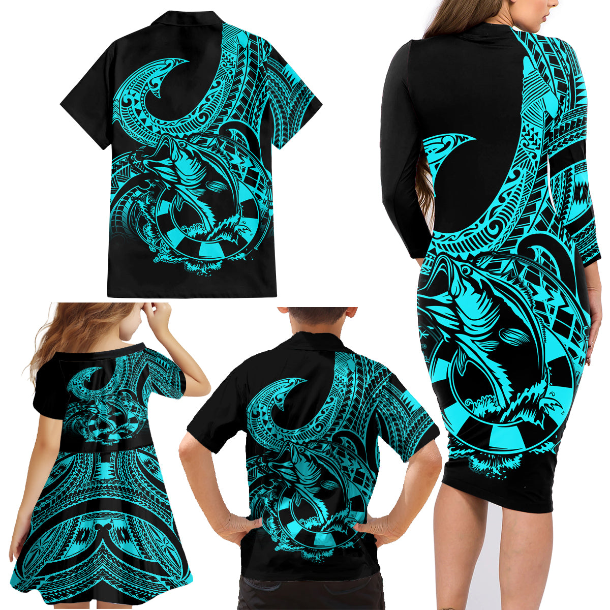 Polynesia Family Matching Long Sleeve Bodycon Dress and Hawaiian Shirt Fish Hook Tattoo Go Fishing Polynesian Pattern Turquosie LT14 - Polynesian Pride