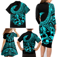 Polynesia Family Matching Long Sleeve Bodycon Dress and Hawaiian Shirt Fish Hook Tattoo Go Fishing Polynesian Pattern Turquosie LT14 - Polynesian Pride