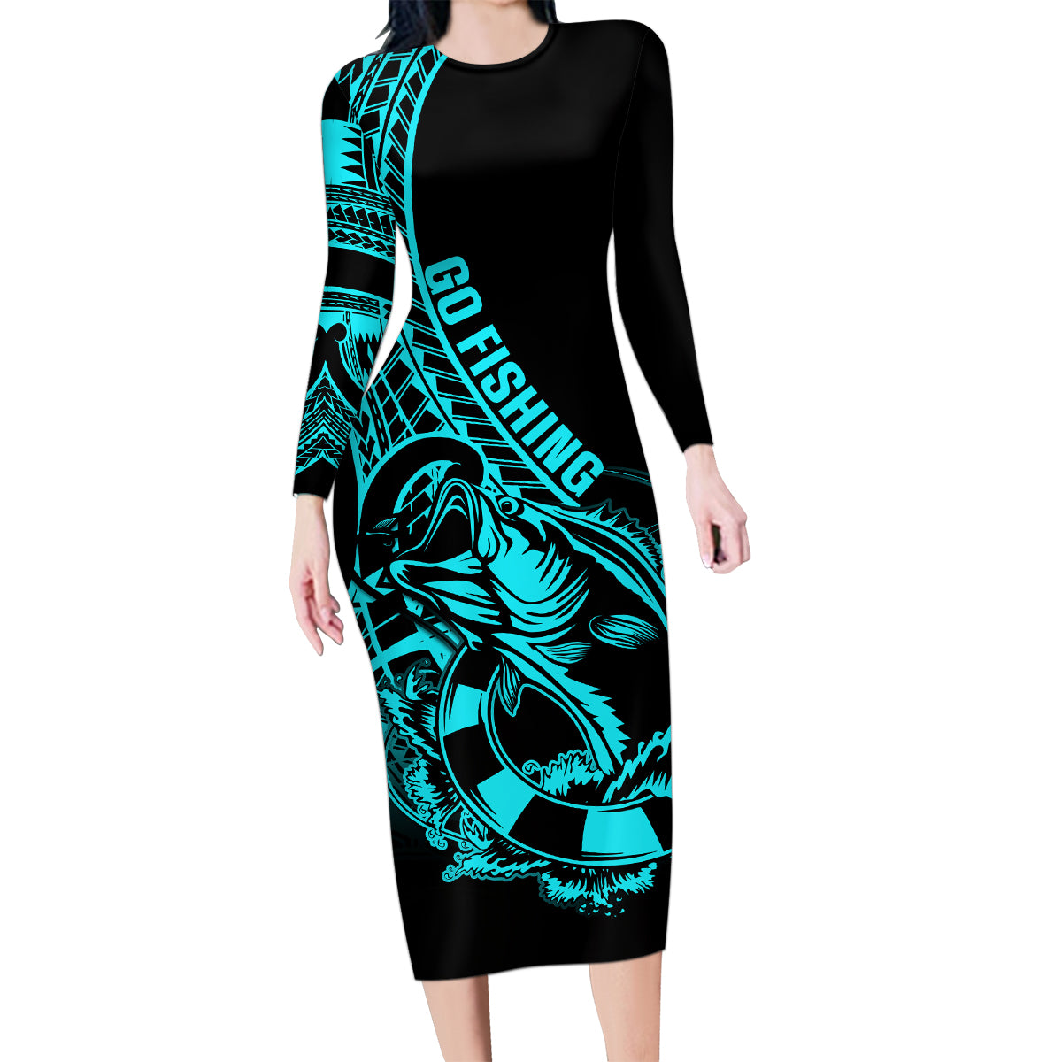 Polynesia Family Matching Long Sleeve Bodycon Dress and Hawaiian Shirt Fish Hook Tattoo Go Fishing Polynesian Pattern Turquosie LT14 Mom's Dress Turquoise - Polynesian Pride