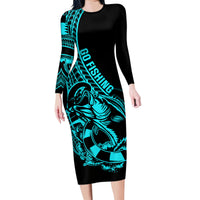 Polynesia Family Matching Long Sleeve Bodycon Dress and Hawaiian Shirt Fish Hook Tattoo Go Fishing Polynesian Pattern Turquosie LT14 Mom's Dress Turquoise - Polynesian Pride
