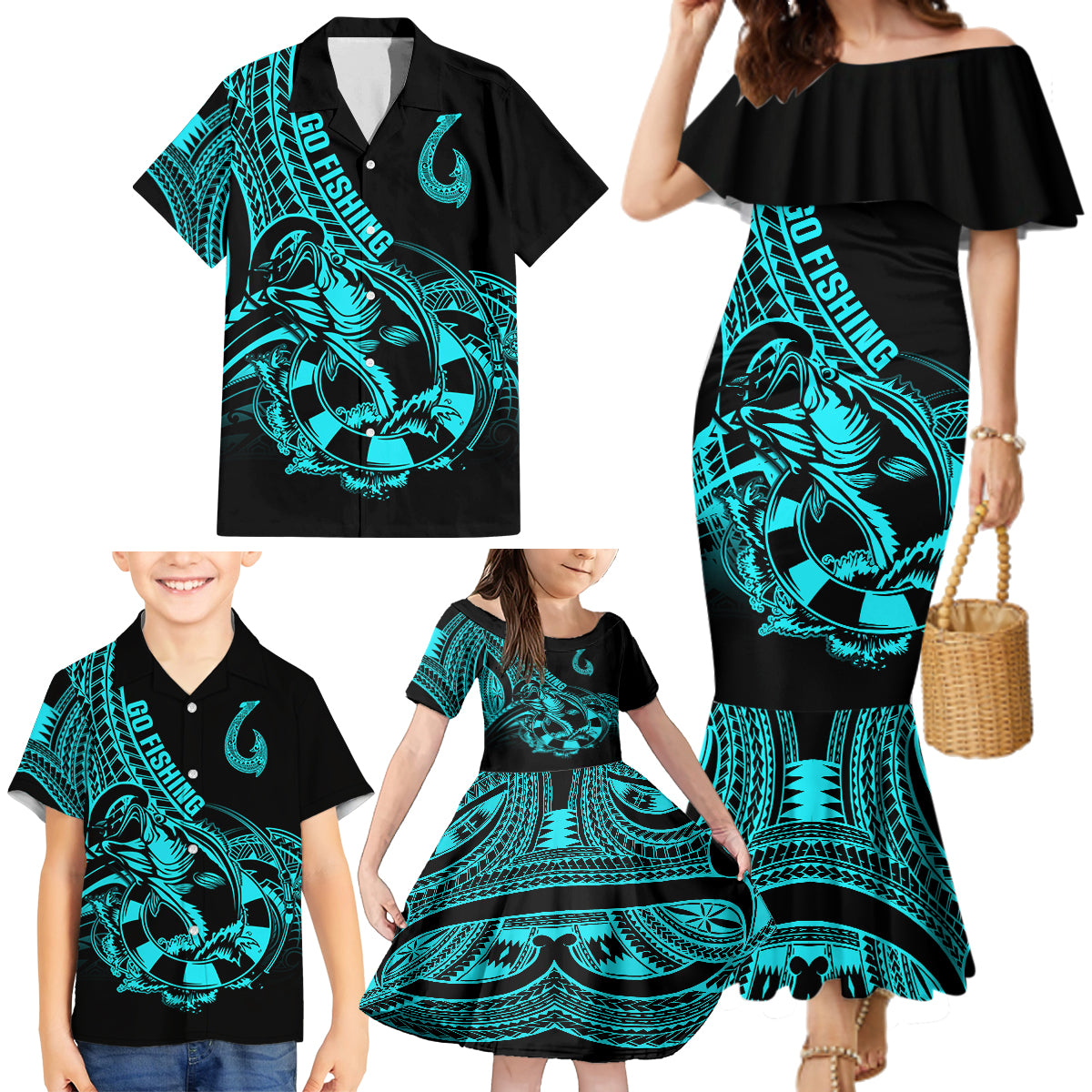 Polynesia Family Matching Mermaid Dress and Hawaiian Shirt Fish Hook Tattoo Go Fishing Polynesian Pattern Turquosie LT14 - Polynesian Pride