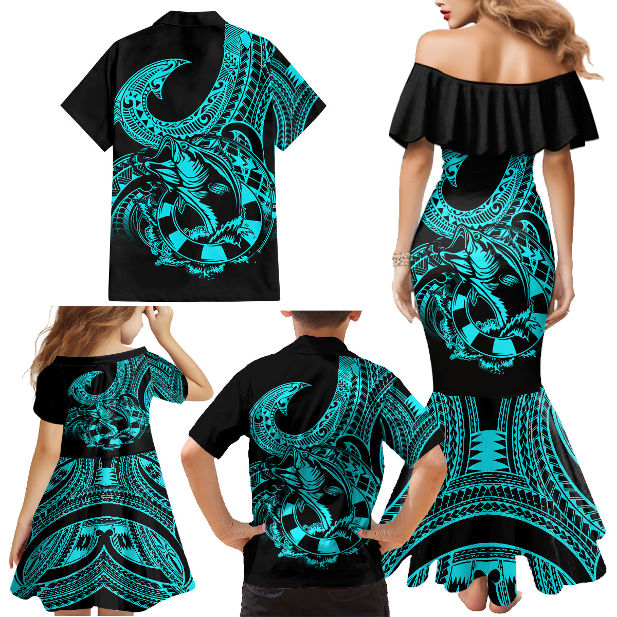 Polynesia Family Matching Mermaid Dress and Hawaiian Shirt Fish Hook Tattoo Go Fishing Polynesian Pattern Turquosie LT14 - Polynesian Pride
