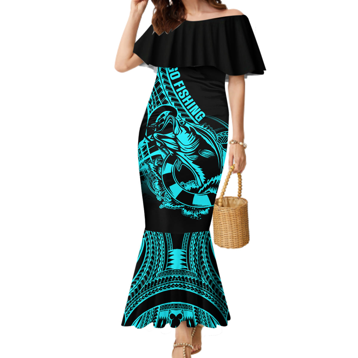 Polynesia Family Matching Mermaid Dress and Hawaiian Shirt Fish Hook Tattoo Go Fishing Polynesian Pattern Turquosie LT14 Mom's Dress Turquoise - Polynesian Pride