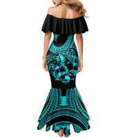Polynesia Family Matching Mermaid Dress and Hawaiian Shirt Fish Hook Tattoo Go Fishing Polynesian Pattern Turquosie LT14 - Polynesian Pride