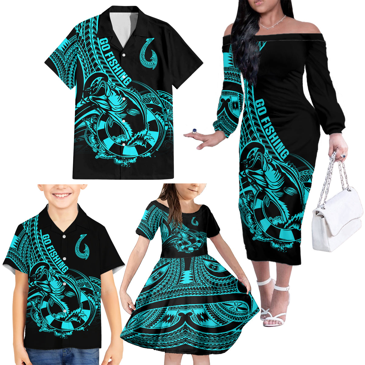 Polynesia Family Matching Off Shoulder Long Sleeve Dress and Hawaiian Shirt Fish Hook Tattoo Go Fishing Polynesian Pattern Turquosie LT14 - Polynesian Pride