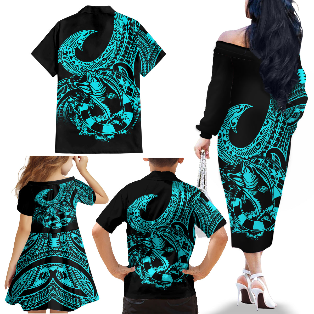Polynesia Family Matching Off Shoulder Long Sleeve Dress and Hawaiian Shirt Fish Hook Tattoo Go Fishing Polynesian Pattern Turquosie LT14 - Polynesian Pride