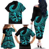 Polynesia Family Matching Off Shoulder Long Sleeve Dress and Hawaiian Shirt Fish Hook Tattoo Go Fishing Polynesian Pattern Turquosie LT14 - Polynesian Pride