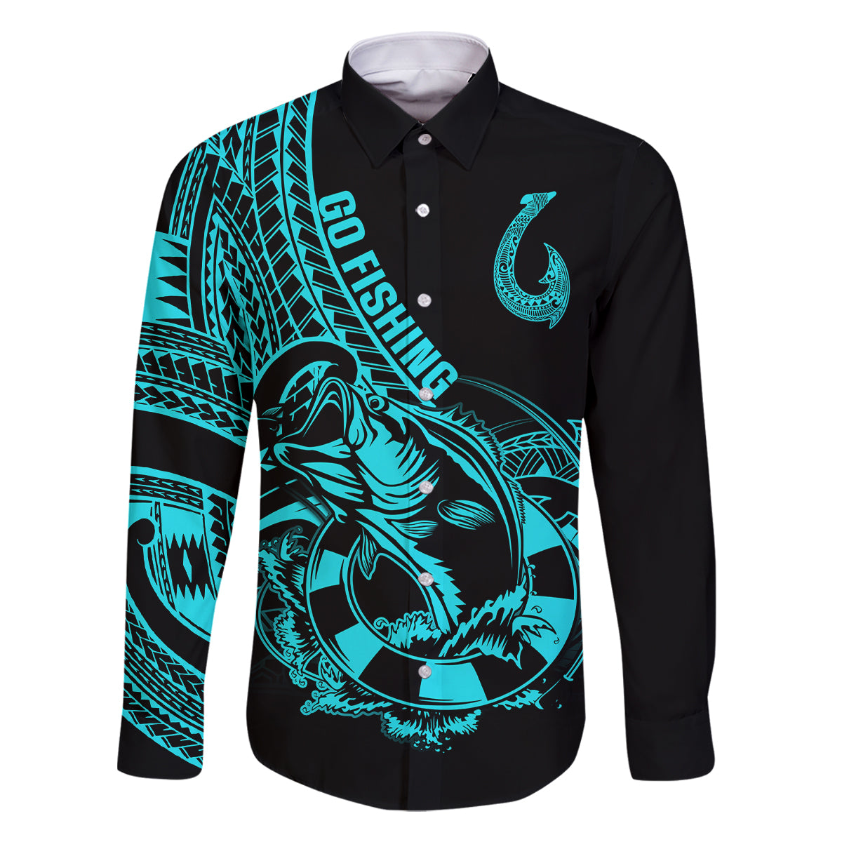 Polynesia Family Matching Off Shoulder Long Sleeve Dress and Hawaiian Shirt Fish Hook Tattoo Go Fishing Polynesian Pattern Turquosie LT14 Dad's Shirt - Long Sleeve Turquoise - Polynesian Pride