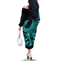 Polynesia Family Matching Off Shoulder Long Sleeve Dress and Hawaiian Shirt Fish Hook Tattoo Go Fishing Polynesian Pattern Turquosie LT14 - Polynesian Pride