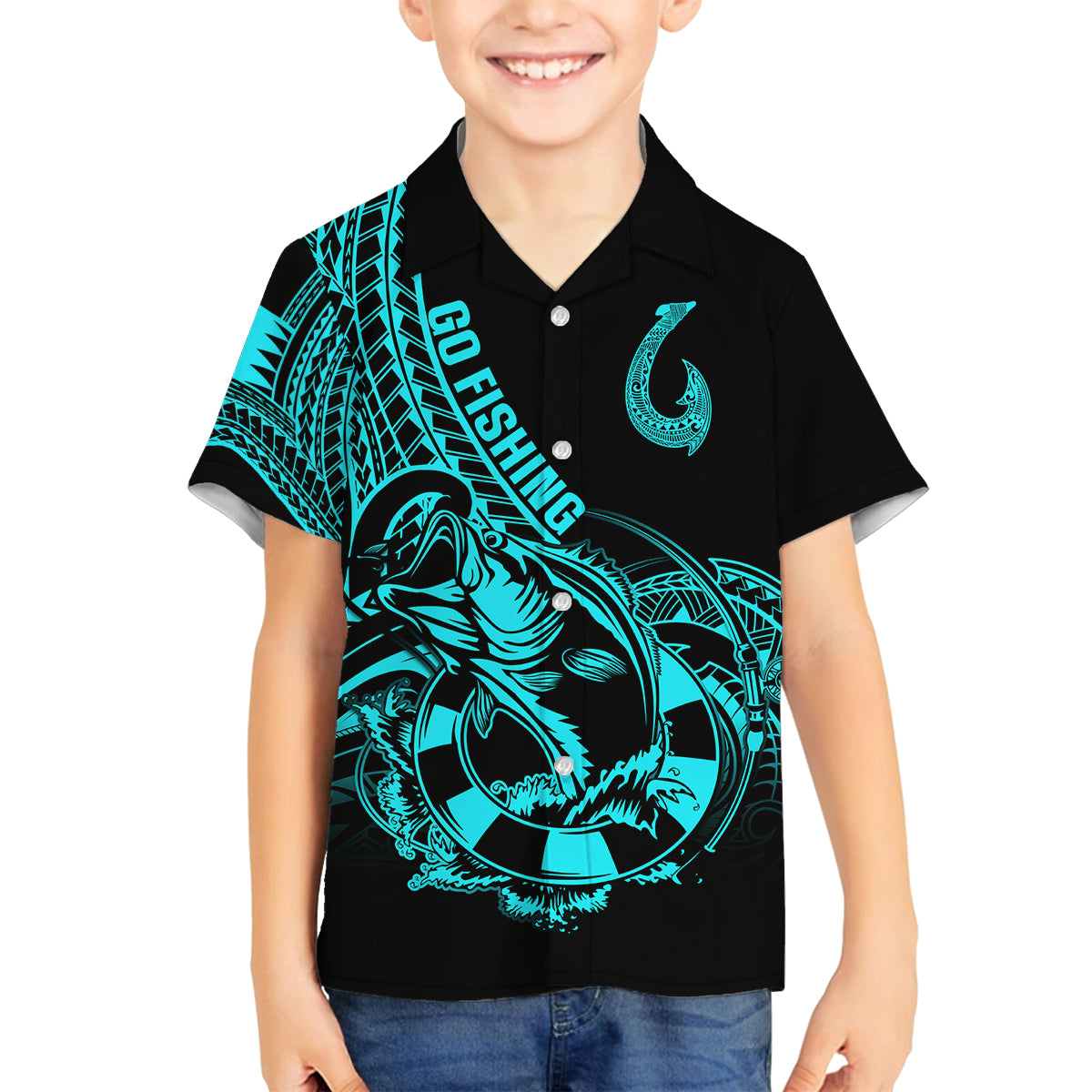 Polynesia Family Matching Off Shoulder Long Sleeve Dress and Hawaiian Shirt Fish Hook Tattoo Go Fishing Polynesian Pattern Turquosie LT14 Son's Shirt Turquoise - Polynesian Pride