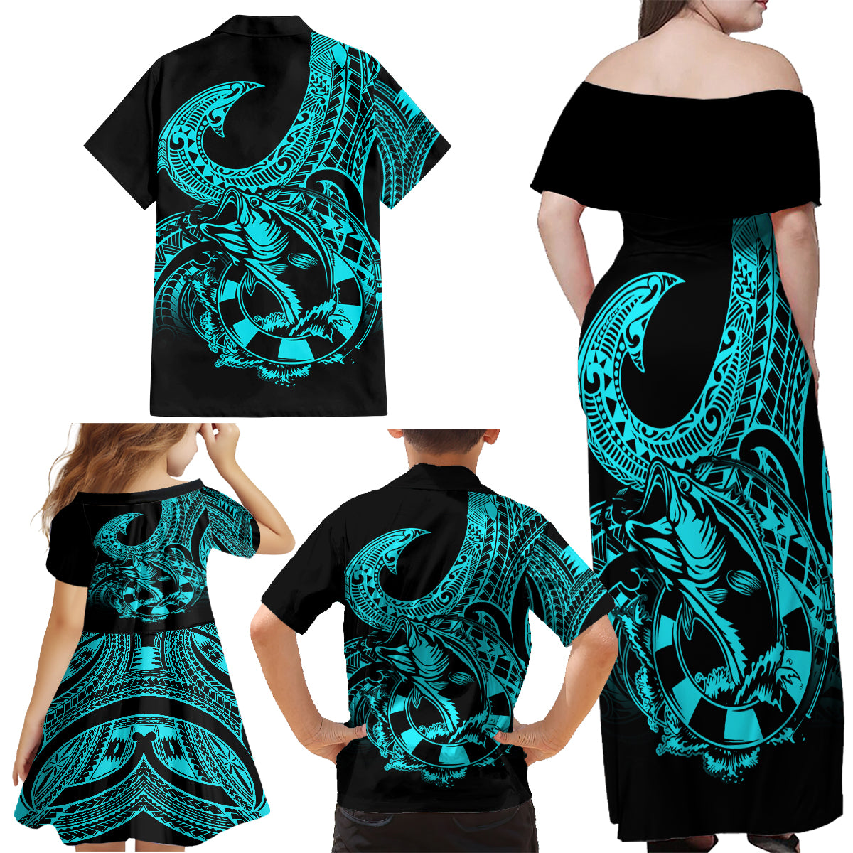Polynesia Family Matching Off Shoulder Maxi Dress and Hawaiian Shirt Fish Hook Tattoo Go Fishing Polynesian Pattern Turquosie LT14 - Polynesian Pride