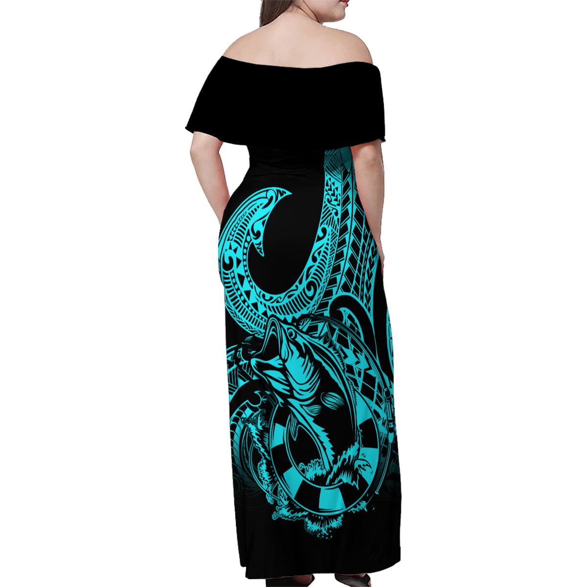 Polynesia Family Matching Off Shoulder Maxi Dress and Hawaiian Shirt Fish Hook Tattoo Go Fishing Polynesian Pattern Turquosie LT14 - Polynesian Pride