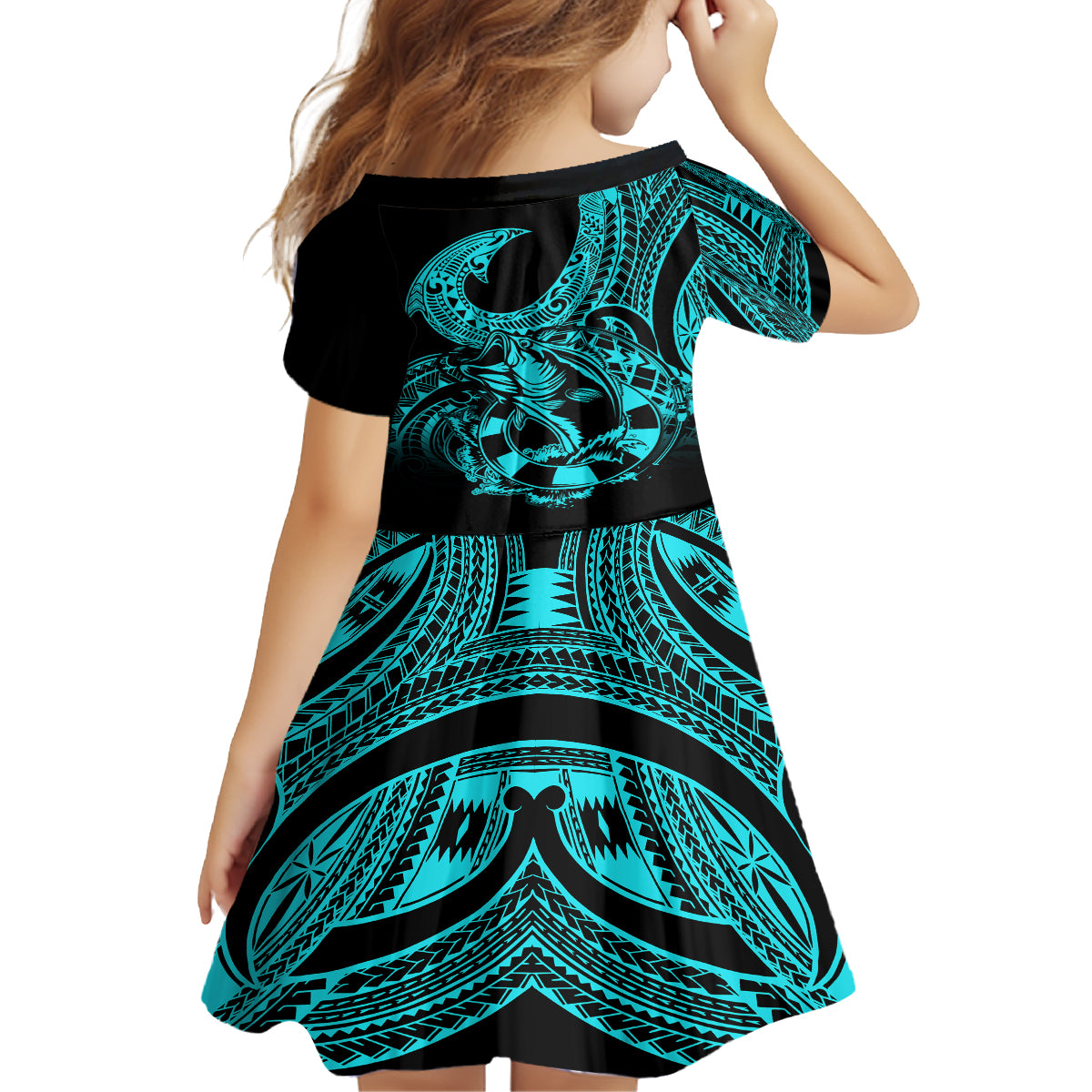 Polynesia Family Matching Off Shoulder Short Dress and Hawaiian Shirt Fish Hook Tattoo Go Fishing Polynesian Pattern Turquosie LT14 - Polynesian Pride