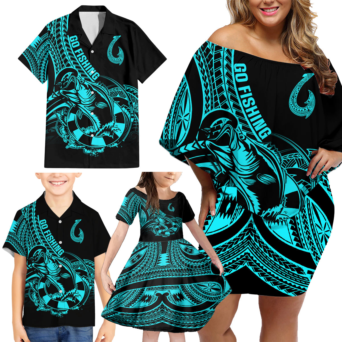 Polynesia Family Matching Off Shoulder Short Dress and Hawaiian Shirt Fish Hook Tattoo Go Fishing Polynesian Pattern Turquosie LT14 - Polynesian Pride