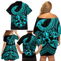 Polynesia Family Matching Off Shoulder Short Dress and Hawaiian Shirt Fish Hook Tattoo Go Fishing Polynesian Pattern Turquosie LT14 - Polynesian Pride