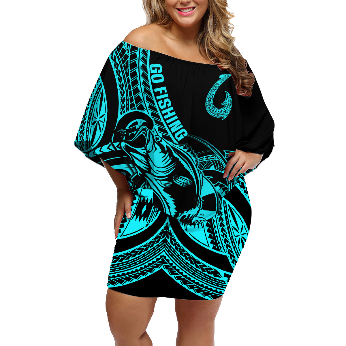 Polynesia Family Matching Off Shoulder Short Dress and Hawaiian Shirt Fish Hook Tattoo Go Fishing Polynesian Pattern Turquosie LT14 Mom's Dress Turquoise - Polynesian Pride
