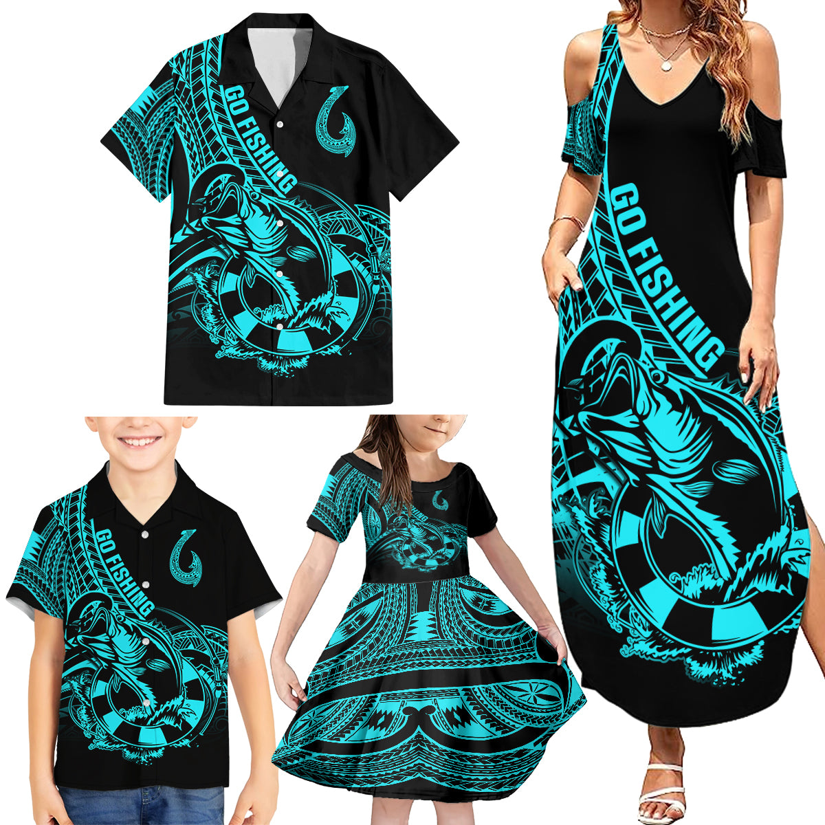 Polynesia Family Matching Summer Maxi Dress and Hawaiian Shirt Fish Hook Tattoo Go Fishing Polynesian Pattern Turquosie LT14 - Polynesian Pride