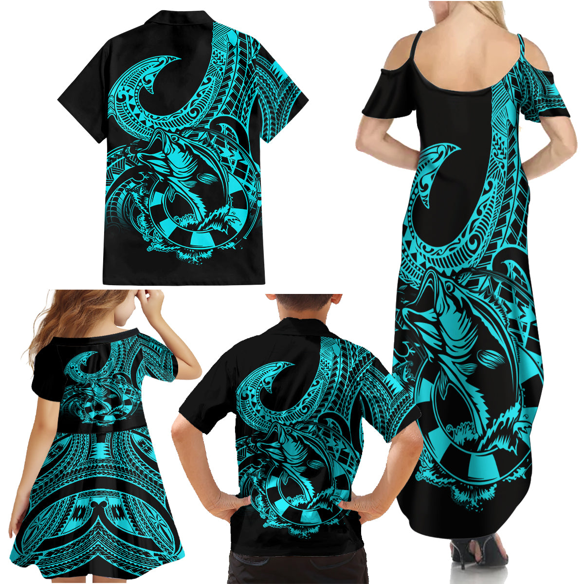 Polynesia Family Matching Summer Maxi Dress and Hawaiian Shirt Fish Hook Tattoo Go Fishing Polynesian Pattern Turquosie LT14 - Polynesian Pride