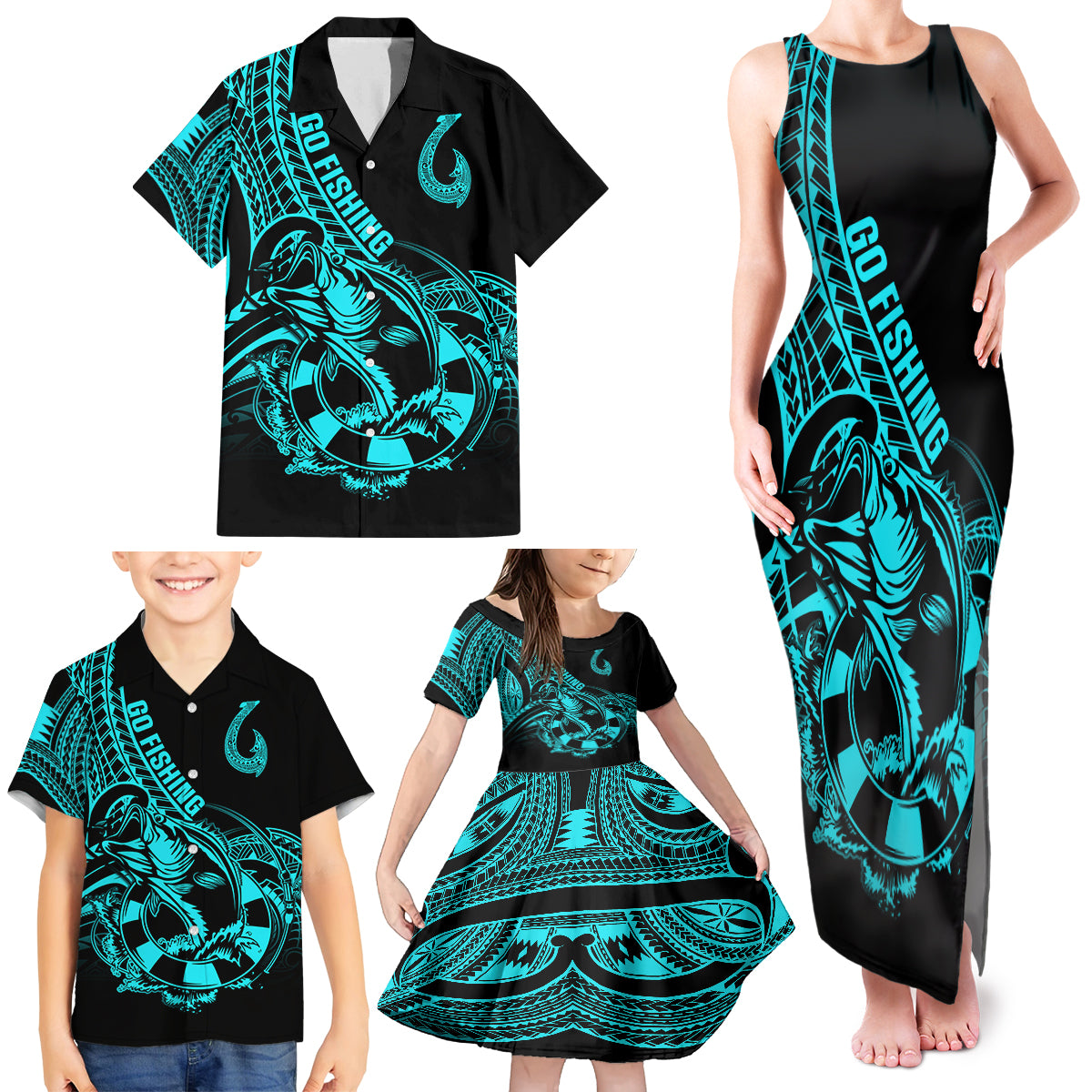 Polynesia Family Matching Tank Maxi Dress and Hawaiian Shirt Fish Hook Tattoo Go Fishing Polynesian Pattern Turquosie LT14 - Polynesian Pride