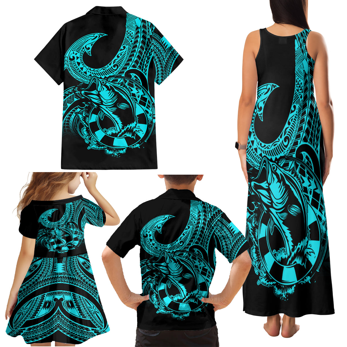 Polynesia Family Matching Tank Maxi Dress and Hawaiian Shirt Fish Hook Tattoo Go Fishing Polynesian Pattern Turquosie LT14 - Polynesian Pride