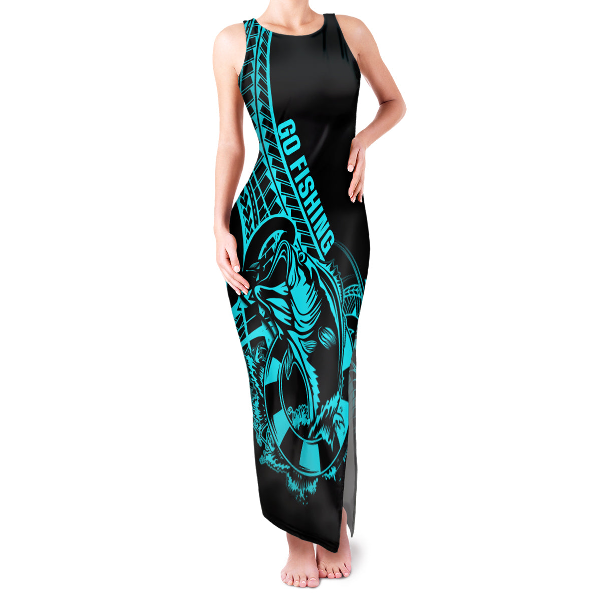 Polynesia Family Matching Tank Maxi Dress and Hawaiian Shirt Fish Hook Tattoo Go Fishing Polynesian Pattern Turquosie LT14 Mom's Dress Turquoise - Polynesian Pride