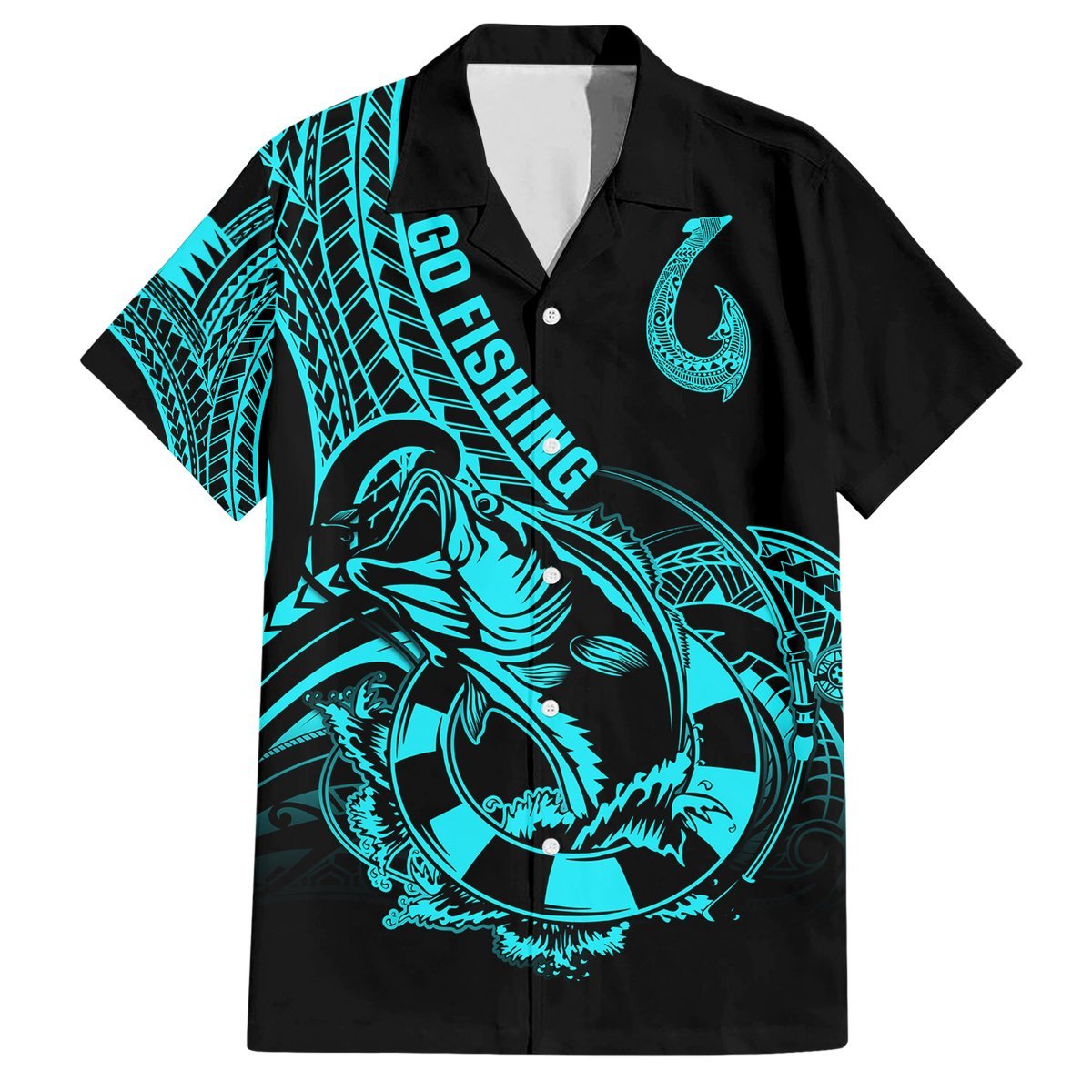 Polynesia Hawaiian Shirt Fish Hook Tattoo Go Fishing Polynesian Pattern Turquosie LT14 Turquoise - Polynesian Pride