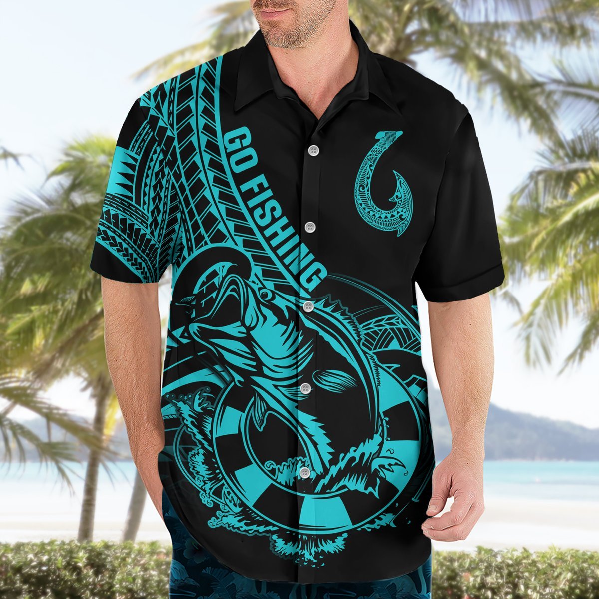 Polynesia Hawaiian Shirt Fish Hook Tattoo Go Fishing Polynesian Pattern Turquosie LT14 - Polynesian Pride