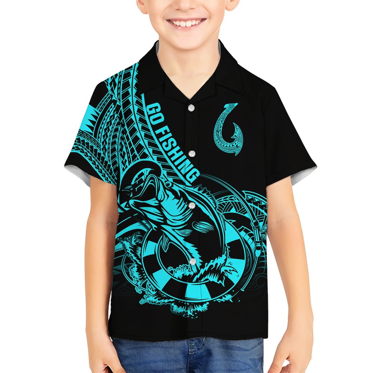 Polynesia Hawaiian Shirt Fish Hook Tattoo Go Fishing Polynesian Pattern Turquosie LT14 - Polynesian Pride