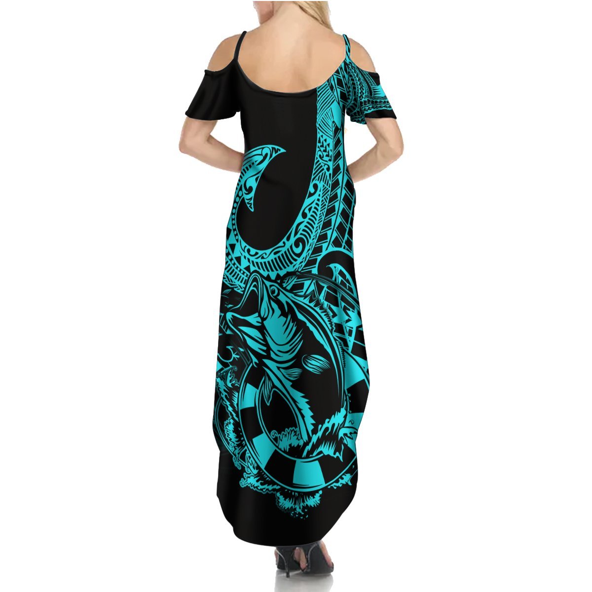 Polynesia Summer Maxi Dress Fish Hook Tattoo Go Fishing Polynesian Pattern Turquosie LT14 - Polynesian Pride