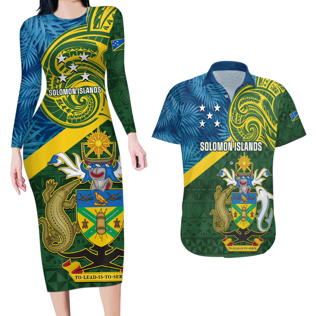 Solomon Islands Couples Matching Long Sleeve Bodycon Dress and Hawaiian Shirt Tropical Leaves With Melanesian Pattern LT14 Green - Polynesian Pride
