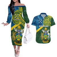 Solomon Islands Couples Matching Off The Shoulder Long Sleeve Dress and Hawaiian Shirt Tropical Leaves With Melanesian Pattern LT14 Green - Polynesian Pride