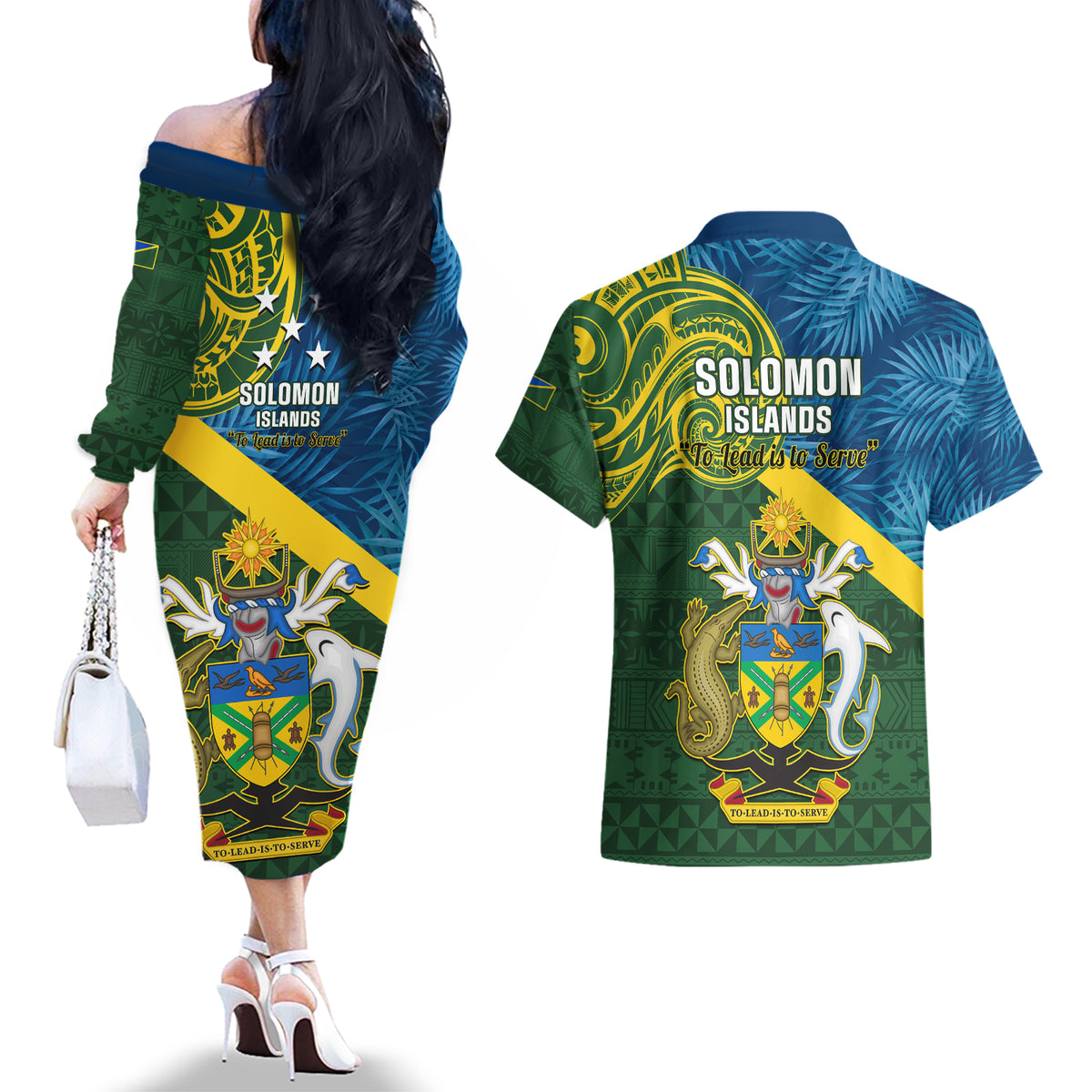 Solomon Islands Couples Matching Off The Shoulder Long Sleeve Dress and Hawaiian Shirt Tropical Leaves With Melanesian Pattern LT14 - Polynesian Pride