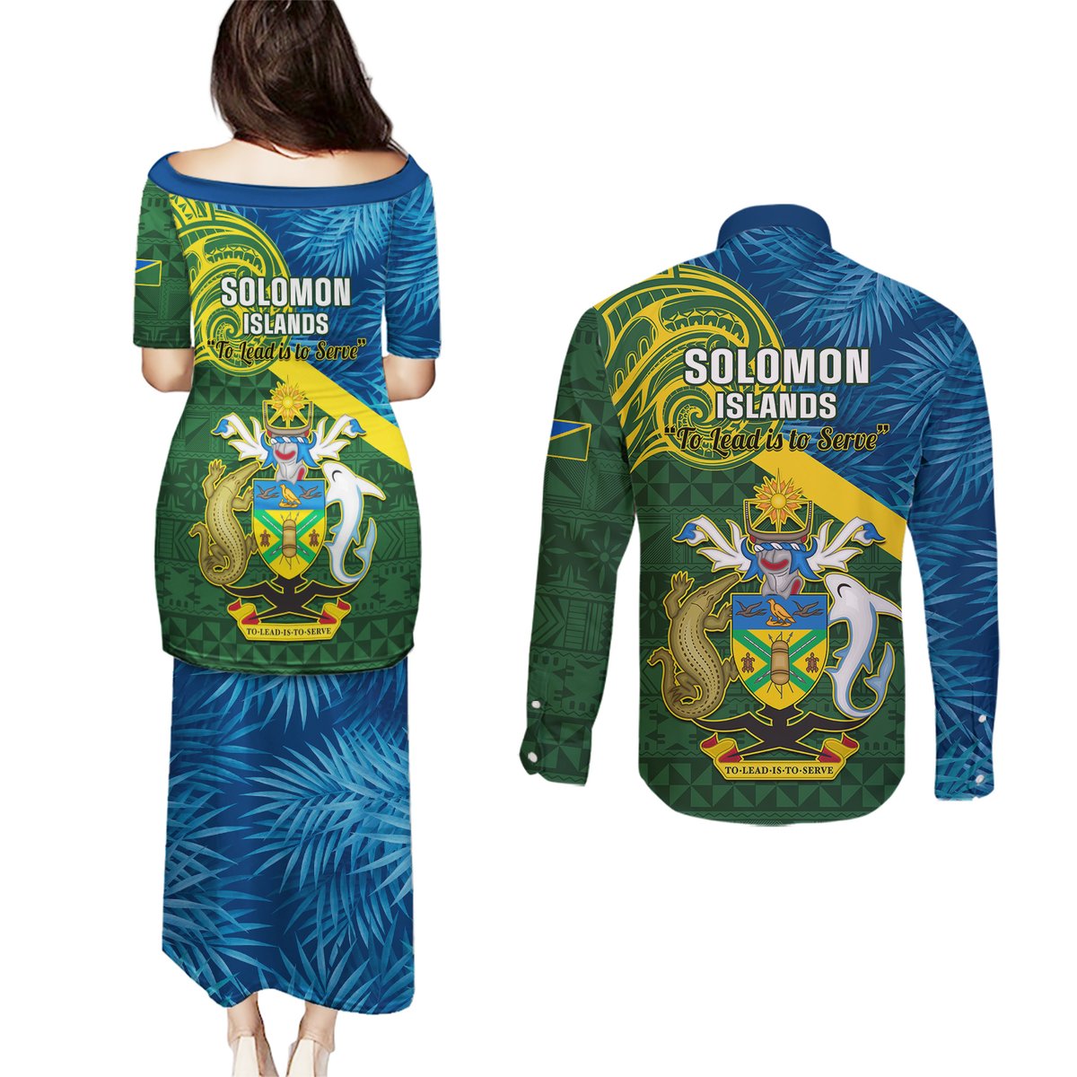 solomon-islands-couples-matching-puletasi-dress-and-long-sleeve-button-shirts-tropical-leaves-with-melanesian-pattern