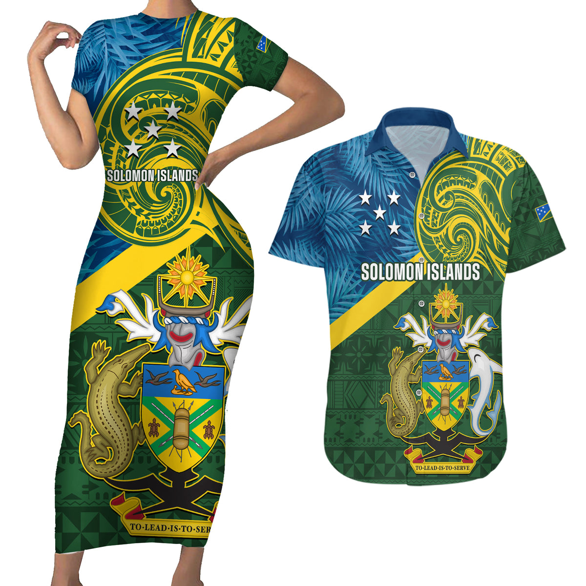 Solomon Islands Couples Matching Short Sleeve Bodycon Dress and Hawaiian Shirt Tropical Leaves With Melanesian Pattern LT14 Green - Polynesian Pride