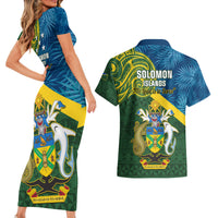 Solomon Islands Couples Matching Short Sleeve Bodycon Dress and Hawaiian Shirt Tropical Leaves With Melanesian Pattern LT14 - Polynesian Pride