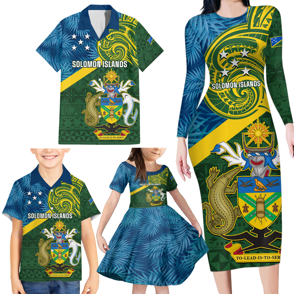 Solomon Islands Family Matching Long Sleeve Bodycon Dress and Hawaiian Shirt Tropical Leaves With Melanesian Pattern LT14 - Polynesian Pride