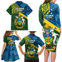Solomon Islands Family Matching Long Sleeve Bodycon Dress and Hawaiian Shirt Tropical Leaves With Melanesian Pattern LT14 - Polynesian Pride