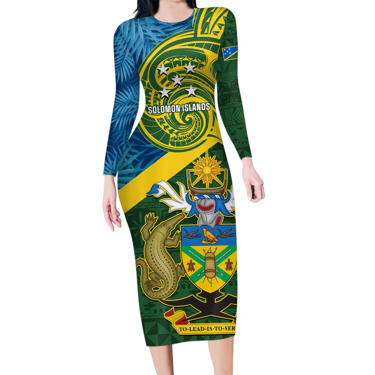 Solomon Islands Family Matching Long Sleeve Bodycon Dress and Hawaiian Shirt Tropical Leaves With Melanesian Pattern LT14 Mom's Dress Green - Polynesian Pride