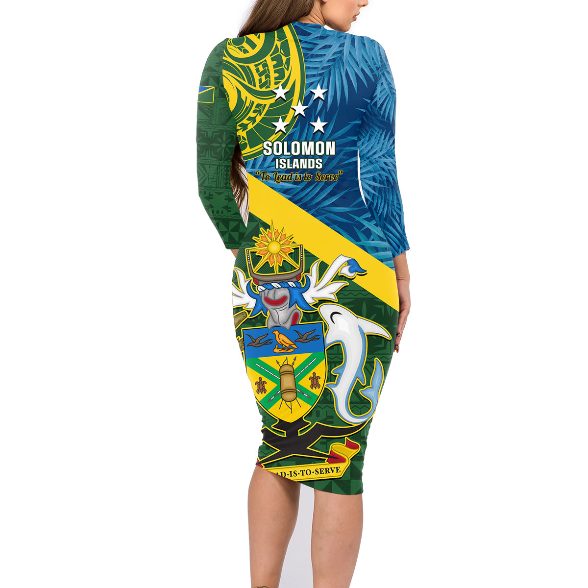Solomon Islands Family Matching Long Sleeve Bodycon Dress and Hawaiian Shirt Tropical Leaves With Melanesian Pattern LT14 - Polynesian Pride
