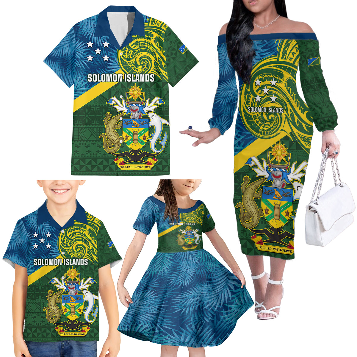 Solomon Islands Family Matching Off Shoulder Long Sleeve Dress and Hawaiian Shirt Tropical Leaves With Melanesian Pattern LT14 - Polynesian Pride
