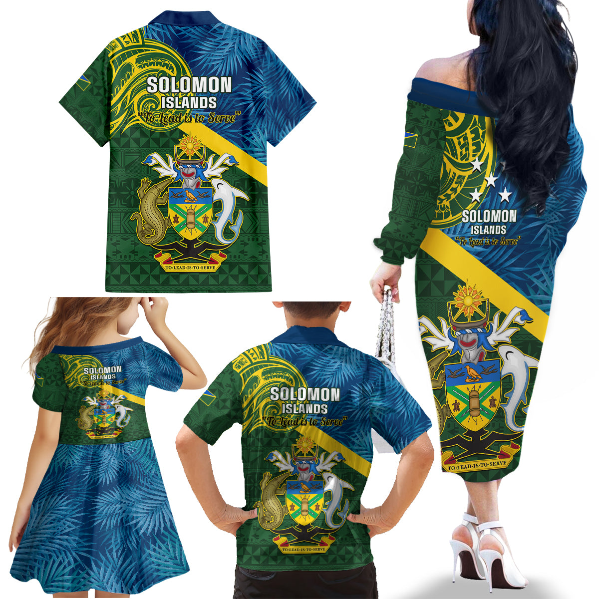 Solomon Islands Family Matching Off Shoulder Long Sleeve Dress and Hawaiian Shirt Tropical Leaves With Melanesian Pattern LT14 - Polynesian Pride