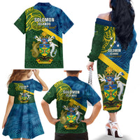 Solomon Islands Family Matching Off Shoulder Long Sleeve Dress and Hawaiian Shirt Tropical Leaves With Melanesian Pattern LT14 - Polynesian Pride