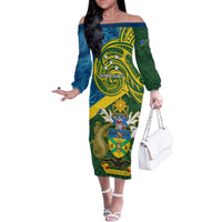 Solomon Islands Family Matching Off Shoulder Long Sleeve Dress and Hawaiian Shirt Tropical Leaves With Melanesian Pattern LT14 Mom's Dress Green - Polynesian Pride