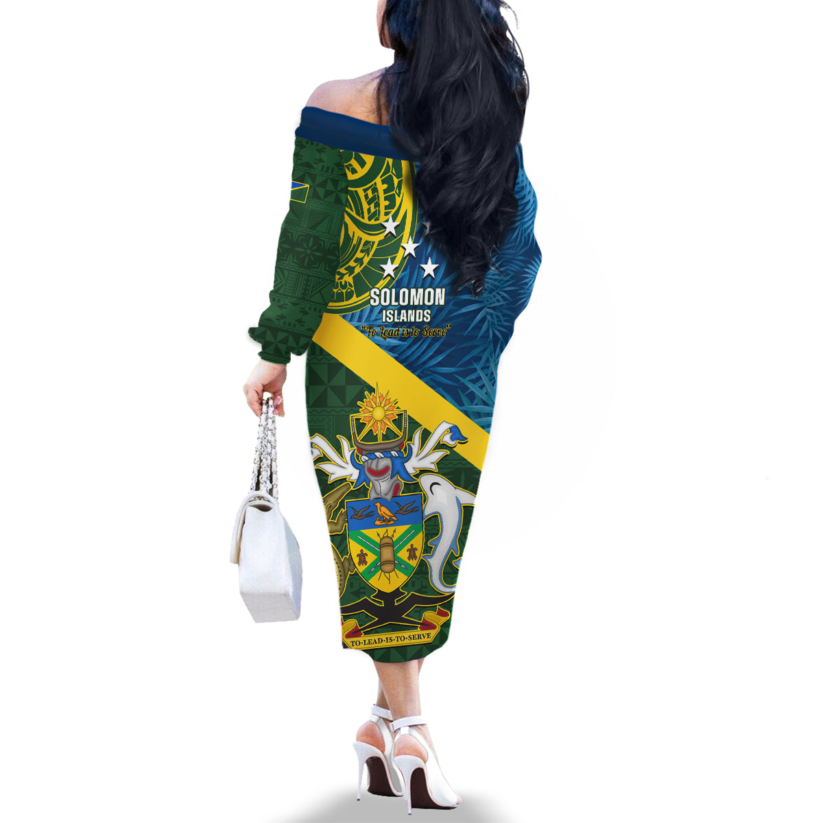 Solomon Islands Family Matching Off Shoulder Long Sleeve Dress and Hawaiian Shirt Tropical Leaves With Melanesian Pattern LT14 - Polynesian Pride