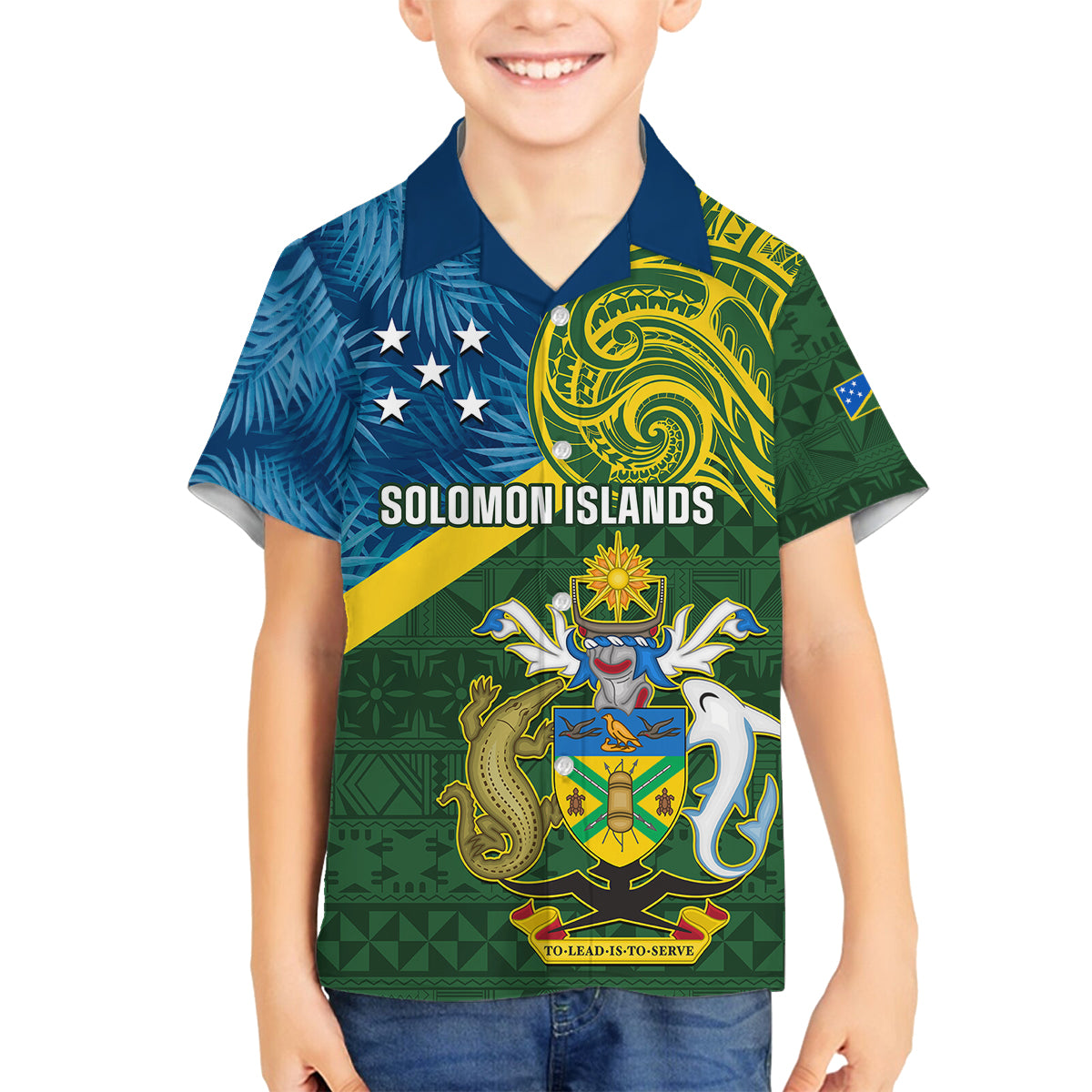 Solomon Islands Family Matching Off Shoulder Long Sleeve Dress and Hawaiian Shirt Tropical Leaves With Melanesian Pattern LT14 Son's Shirt Green - Polynesian Pride