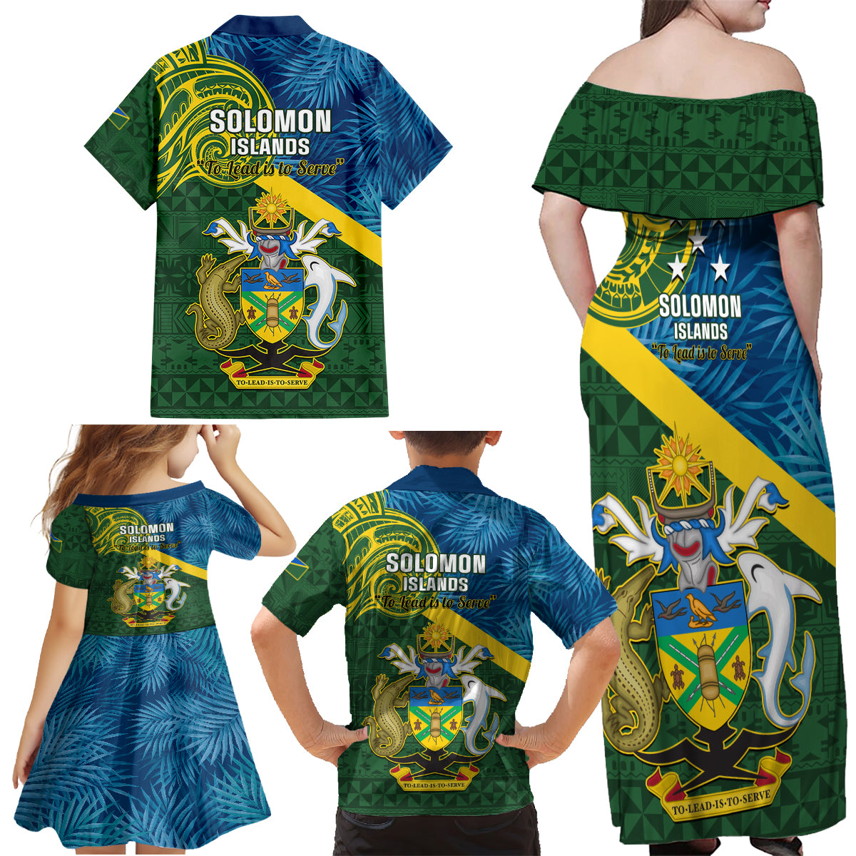 Solomon Islands Family Matching Off Shoulder Maxi Dress and Hawaiian Shirt Tropical Leaves With Melanesian Pattern LT14 - Polynesian Pride