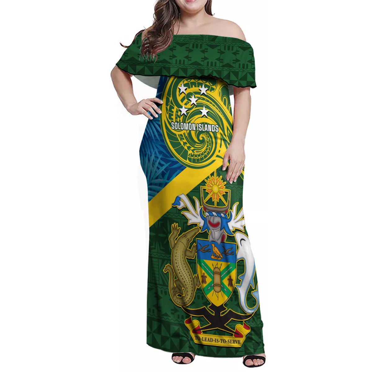 Solomon Islands Family Matching Off Shoulder Maxi Dress and Hawaiian Shirt Tropical Leaves With Melanesian Pattern LT14 Mom's Dress Green - Polynesian Pride
