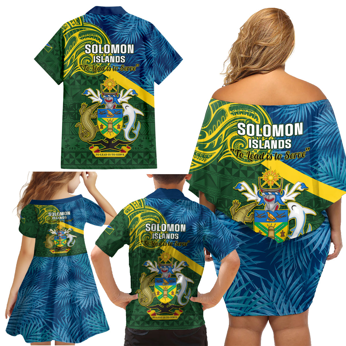 Solomon Islands Family Matching Off Shoulder Short Dress and Hawaiian Shirt Tropical Leaves With Melanesian Pattern LT14 - Polynesian Pride