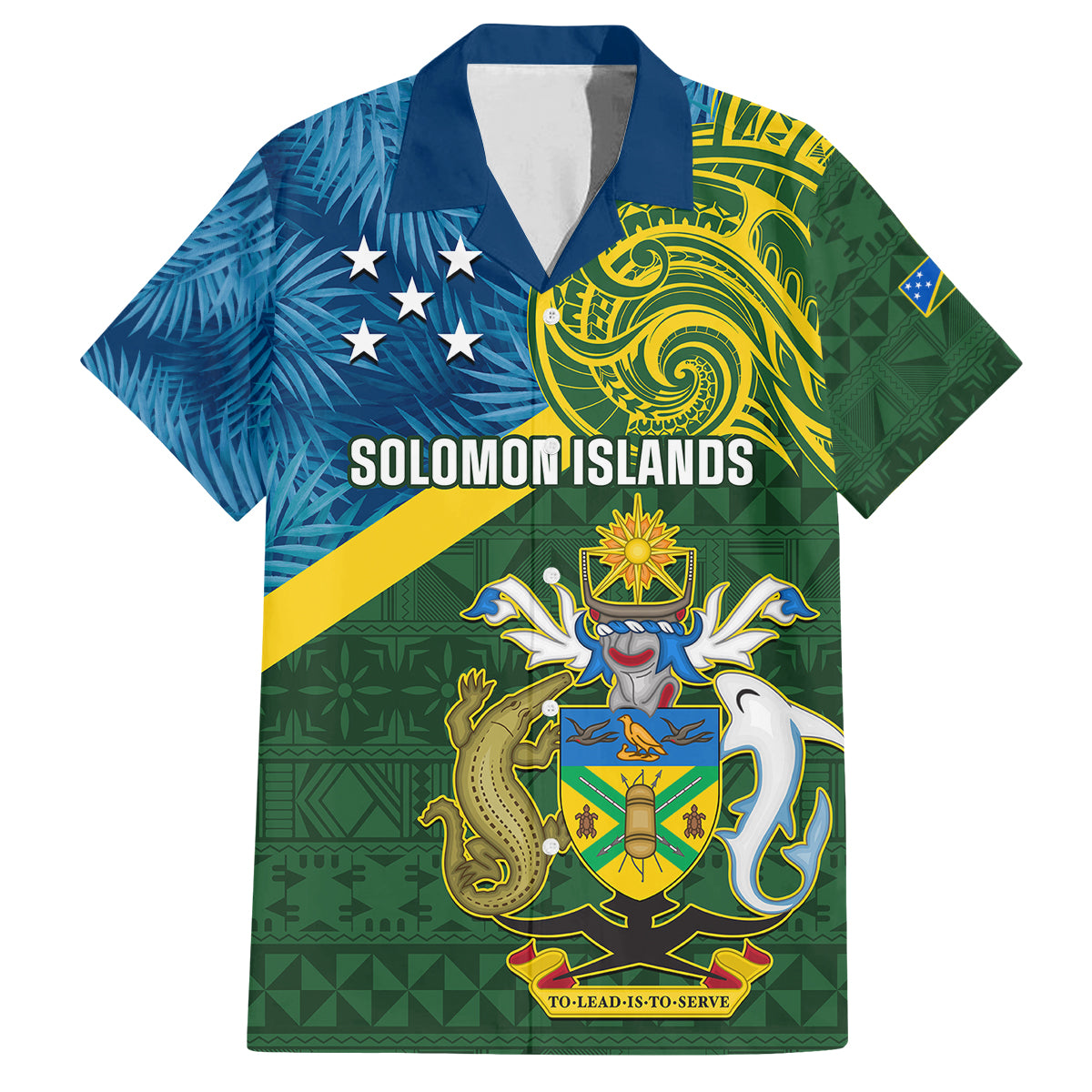 Solomon Islands Family Matching Off Shoulder Short Dress and Hawaiian Shirt Tropical Leaves With Melanesian Pattern LT14 Dad's Shirt - Short Sleeve Green - Polynesian Pride